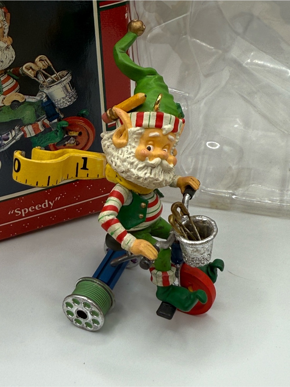 Vintage enesco “Speedy” Sewing  Festive Elf Tricycle Figurine - Green & Red